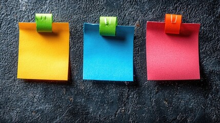 Colorful sticky notes in vibrant hues attached to a textured dark surface, ideal for reminders
