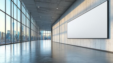 Modern empty gallery space with large blank screen, showcasing city skyline through glass walls