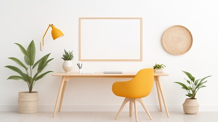 Modern minimalist workspace featuring a yellow chair, desk, plants, and empty frame on wall