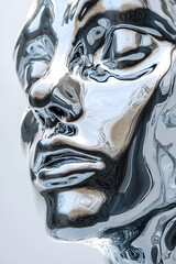 Surreal Liquid Chrome Face - Melting Metallic Sculpture with Hyper-Detailed Reflections in