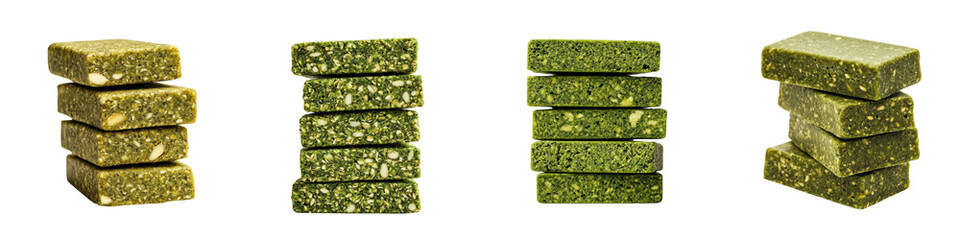 Obraz premium This image showcases a creative still life composition of stacked green superfood nutrition bars or granola cereal cubes The healthy