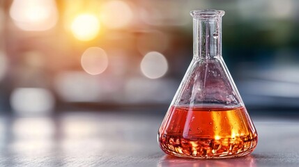  a conical flask filled with a red liquid sitting on top of a table, with a blurred background