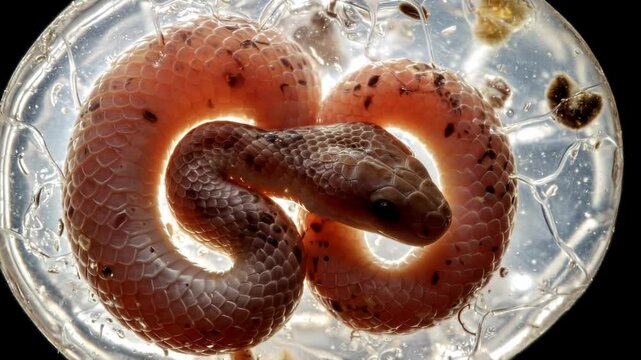 A close-up view of a curled, translucent snake embryo inside an snake egg, showcasing natural development