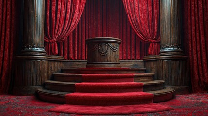 Elegant stage setup with red curtains and wooden podium, perfect for performances or events