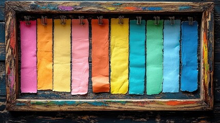 Colorful paper strips arranged in a wooden frame, showcasing a vibrant palette for artistic inspiration