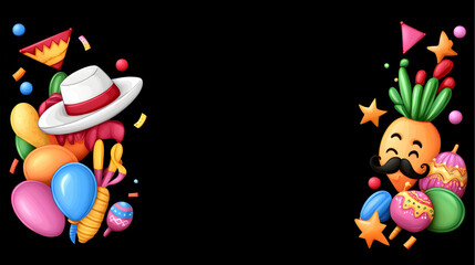 Festive Mexican Celebration with Cartoon Carrots, Eggs, and Confetti on Black Backdrop