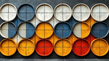 Colorful circular wall design featuring arranged concrete containers in a modern setting