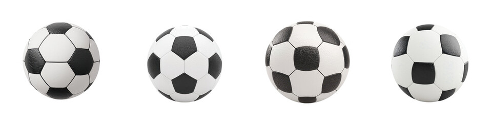 Four black and white soccer balls in different angles and positions on a plain white background  Sports equipment athletic game and recreation concept