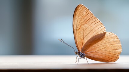  a brown butterfly perched atop a wooden table, its wings spread wide and its vibrant color standing out against the blurred background