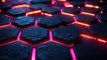 Close-up of futuristic hexagonal tiles with glowing neon edges, creating a sci-fi atmosphere