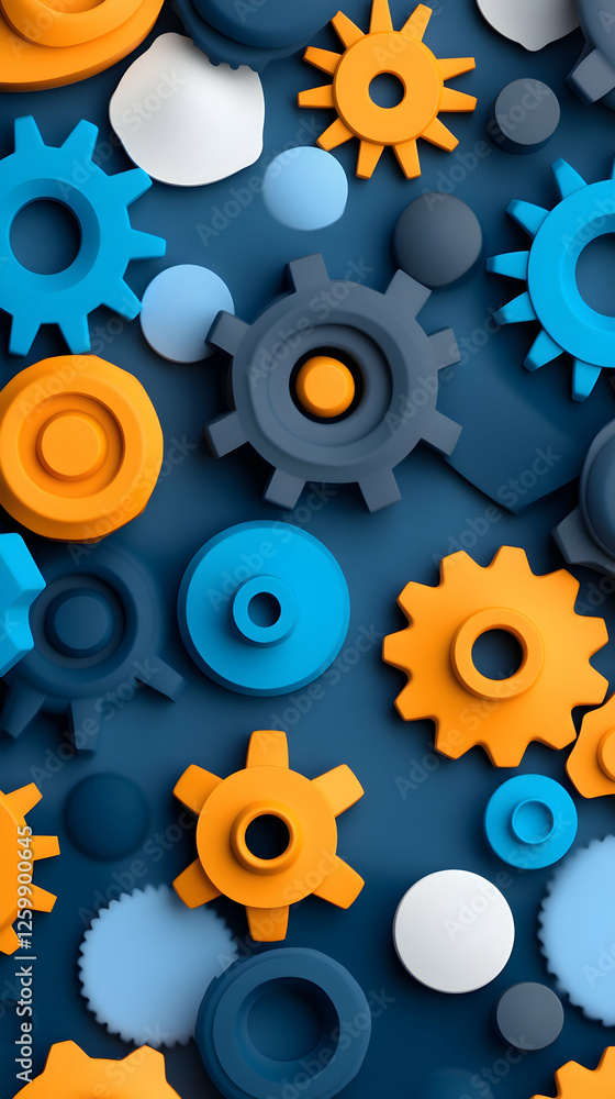 Poster gears and spheres arranged on blue background for engineering or abstract concepts