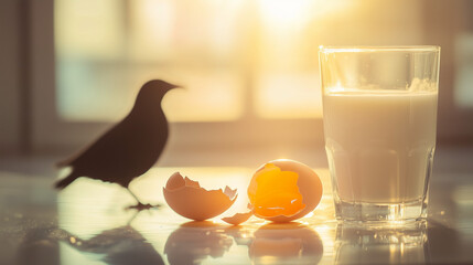 Cracked egg and milk on a surface with avian silhouette, symbolizing food safety and disease prevention