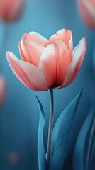 Vibrant pink and white tulip blooming against a soft blue background, showcasing nature's beauty