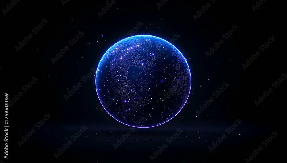 Poster glowing orb globe world map floating in the night space as a background for ads