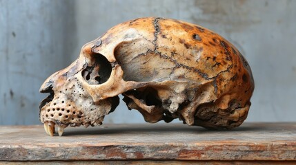 Detailed view of an ancient animal skull on a wooden surface, showcasing intricate textures and colors