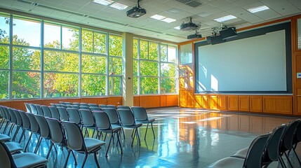 Brightly lit conference room with rows of chairs facing a large screen and windows showcasing nature