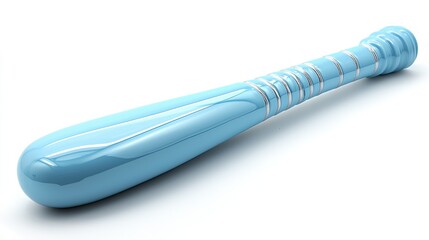 A glossy blue baseball bat resting on a white surface, highlighting its sleek design and reflective quality