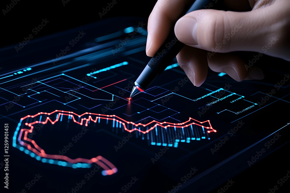 Poster hand draws digital data analytics graph on tablet; technology design, business use