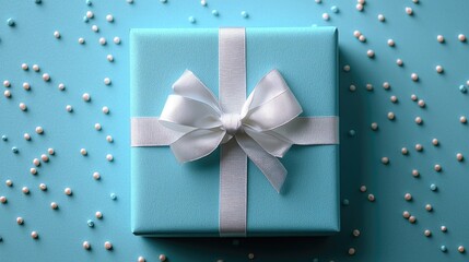 A beautifully wrapped turquoise gift box adorned with a white ribbon on a blue background scattered with colorful beads