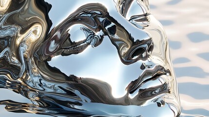 Surreal Liquid Chrome Face Melting Metallic Sculpture with Hyper-Detailed Reflections in Futuristic