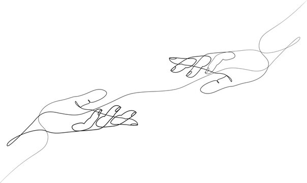 Two hands reaching out towards each other drawn by continuous one line. Single line drawing of romantic or helping concept. Minimalist sketch vector illustration.