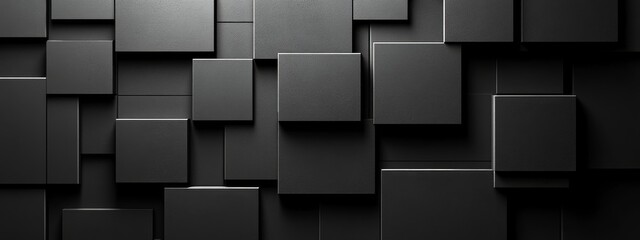 Clean black squares and curves on a dark background. Geometric design for banner template with white space in the center for text. Modern minimalist wallpaper with copy space.