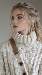 Young woman with long blonde hair in cozy sweater, soft lighting, serene expression, indoors