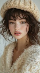 Young woman with soft features wearing a cozy sweater and hat, posing against a neutral backdrop