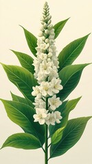 Elegant white flowering plant with lush green leaves against a soft, neutral background
