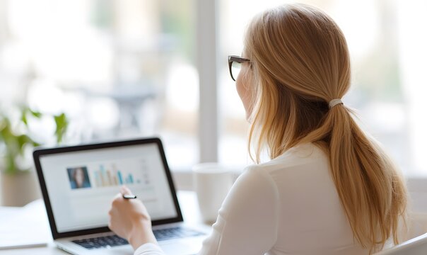 Caucasian business woman is analyzing video data on screen. Generative AI