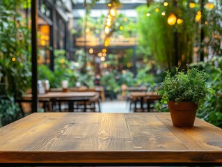 Empty wooden table in a garden cafe, blurred background