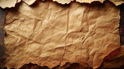 Crumpled brown paper texture on wooden surface, ideal for backgrounds and vintage designs