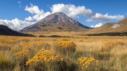 Obraz premium Stunning volcanic landscape featuring vibrant flora against a majestic volcano backdrop under a clear blue sky in a serene natural environment