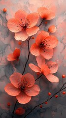 Vibrant peach blossoms delicately arranged on a marbled background, showcasing nature's beauty