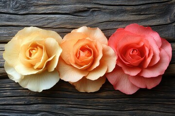 Three vibrant roses in soft colors arranged on a rustic wooden surface, showcasing natural beauty