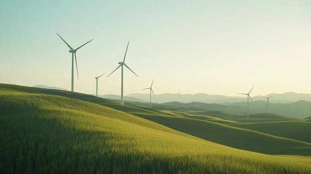 Renewable energy with wind turbines. Featuring wind farms and clean energy generation. Highlighting sustainability and green power. Ideal for environmental and energy presentations.
