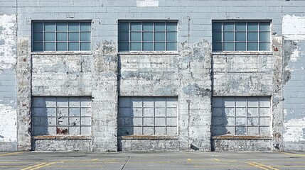 Abandoned industrial building facade with weathered walls and empty windows in urban setting
