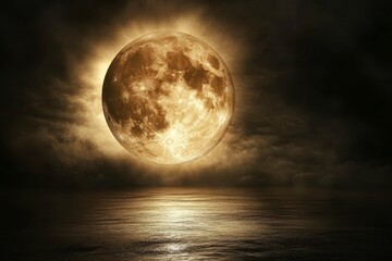 Supermoon over a dark ocean, dramatic clouds