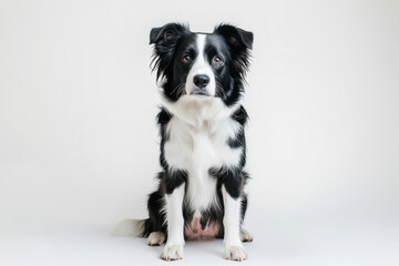 Fototapeta premium A charming black and white dog sitting proudly against a minimalist background. isolated on white background.