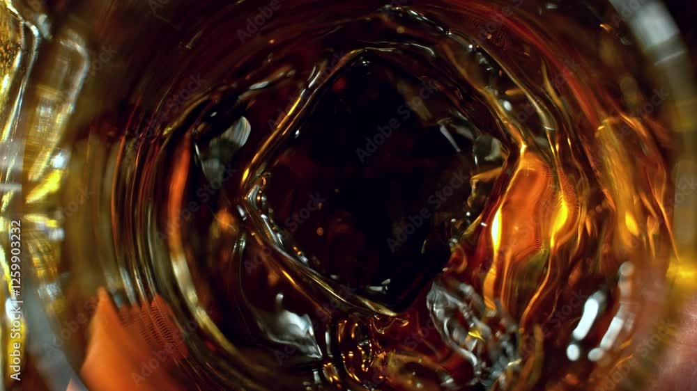Poster super slow motion of turning shot of whiskey or rum, top view shot. filmed on high speed cinema came
