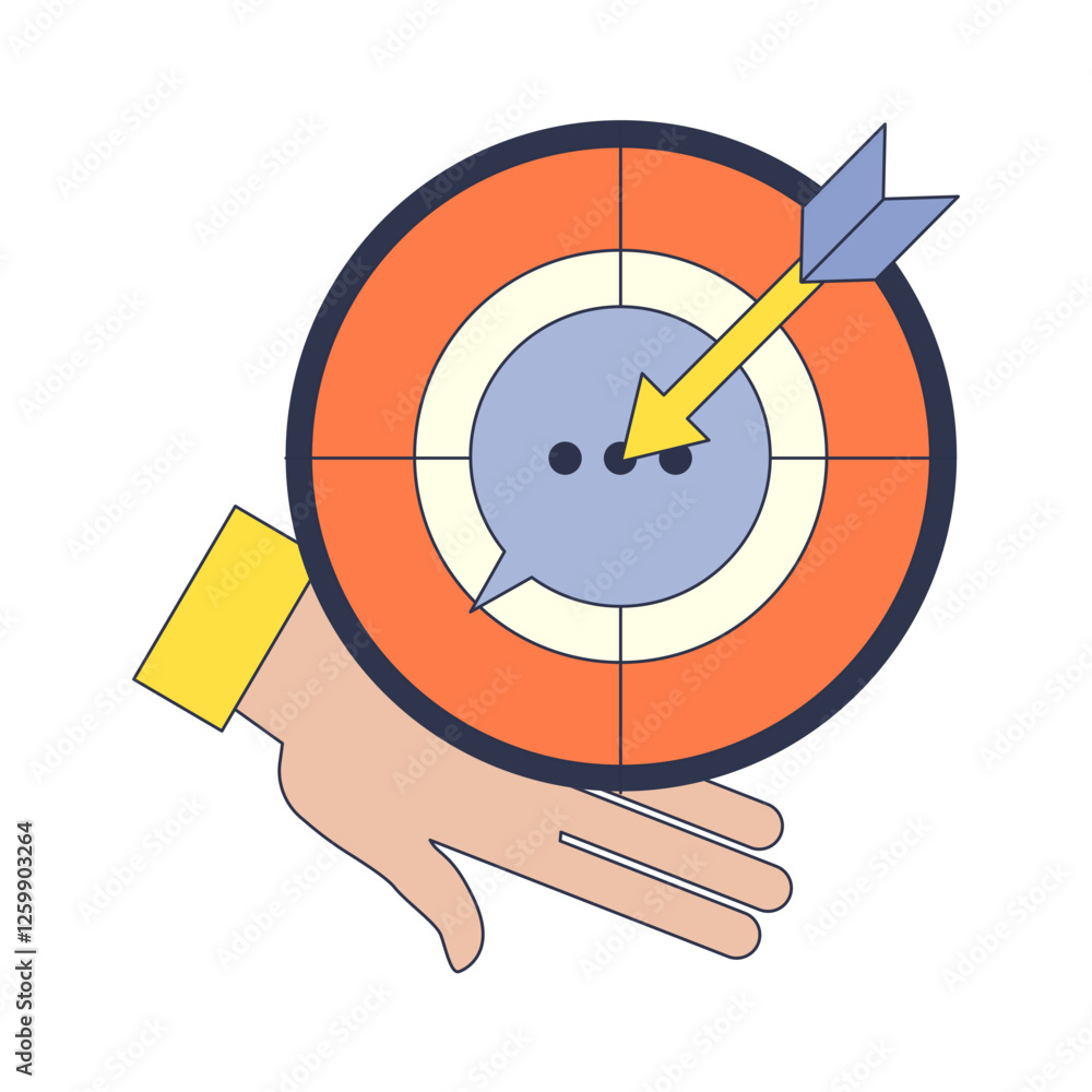 Poster a hand holds a target with an arrow hitting the center inside a speech bubble, symbolizing communica