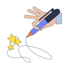A hand holds a pen with a flowing line and stars, symbolizing creativity and inspiration.