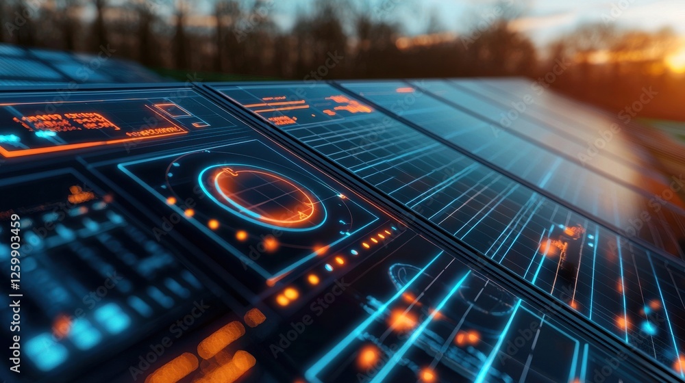 Poster futuristic digital interface with glowing circuits and data visualization elements