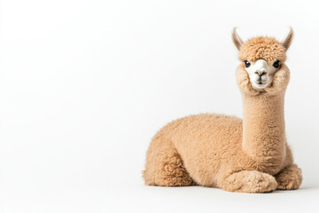 A cute and fluffy alpaca lounging on a white background with a calm expression. isolated on white background.