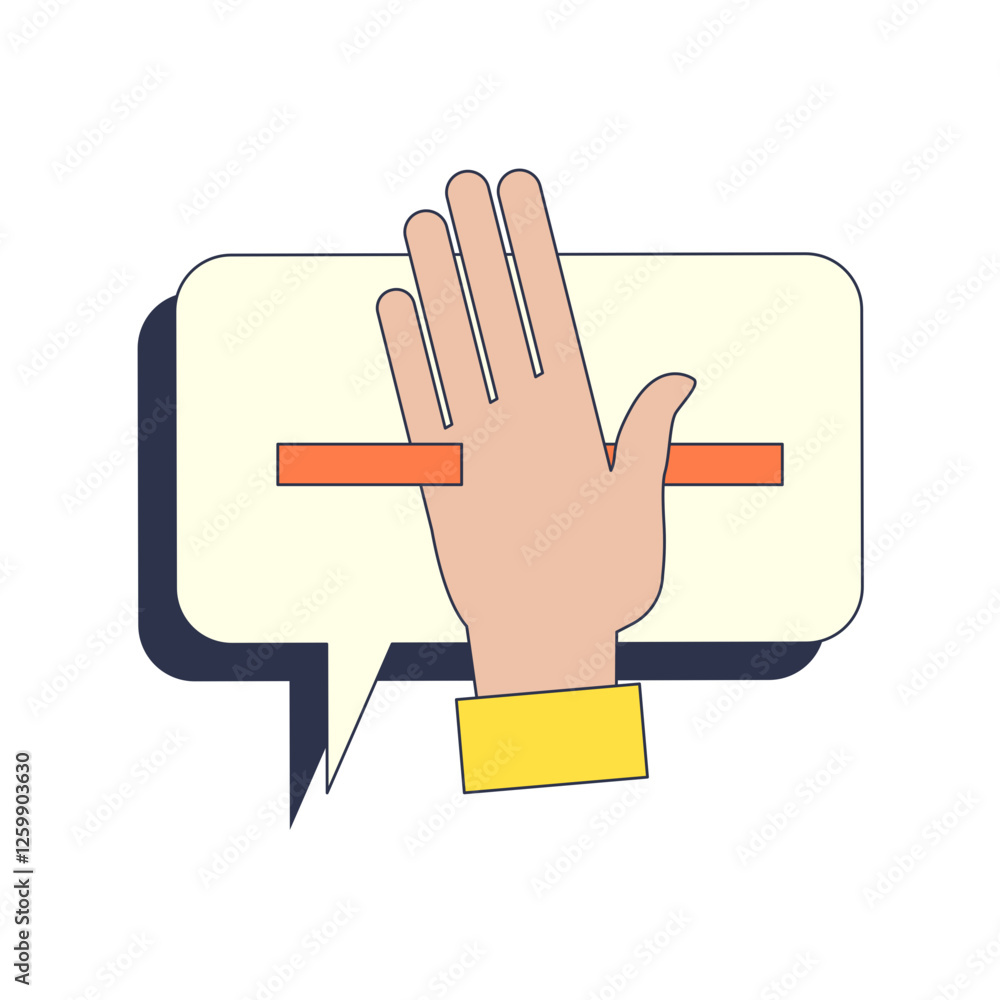 Poster a hand stops two clashing elements within a speech bubble, symbolizing conflict resolution.