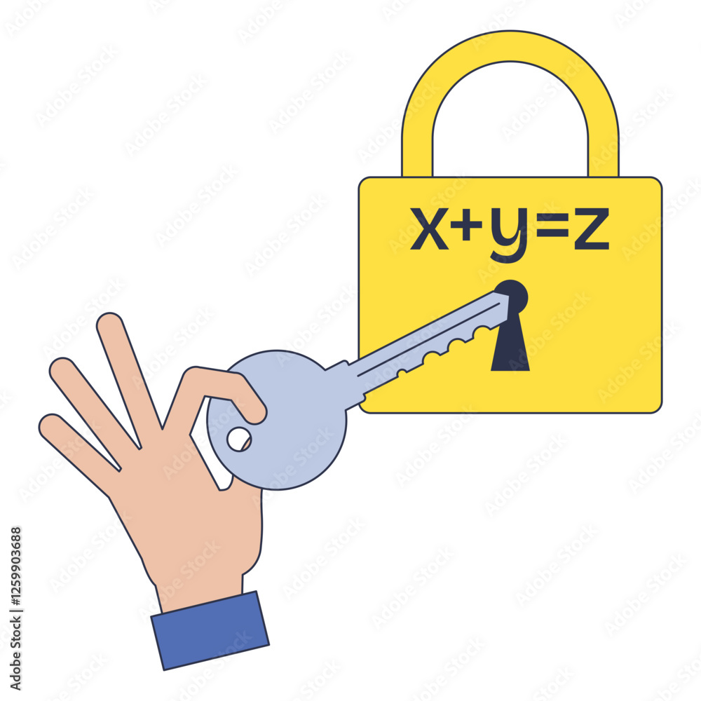 Poster a hand turns a key in a lock with a mathematical equation, symbolizing problem-solving.