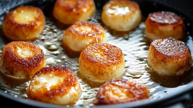 Golden-brown scallops searing in a hot pan with a crispy crust