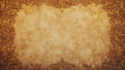 Blank Parchment Texture with Intricate Filigree Patterns: Medieval Manuscript Style, Warm Golden Hue, Generous Center Space, Top-Down Perspective, Soft Diffused Lighting