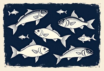 Fototapeta premium ヴィンテージ魚のリノカット・ベクターイラスト：紺碧の背景にミニマルな白い魚の形、航海テーマ、沿岸の装飾、シーフードメニュー、レトロなクリップアートプロジェクトに最適。