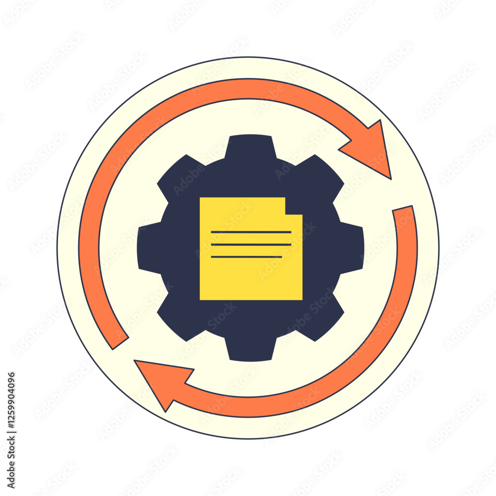 Poster circular arrows around a gear and document symbolize process automation and workflow management.